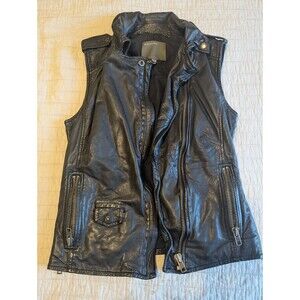 MUUBAA Women's Black Leather Vest Size 6 Biker Chic Zip, Pockets